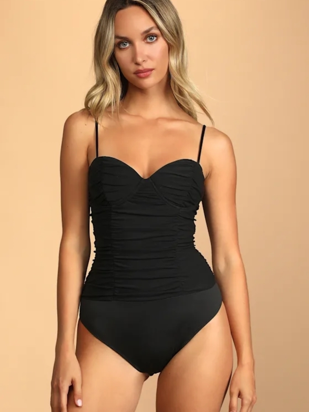 Lulus Women's Caught My Attention Black Ruched Bustier Bodysuit M